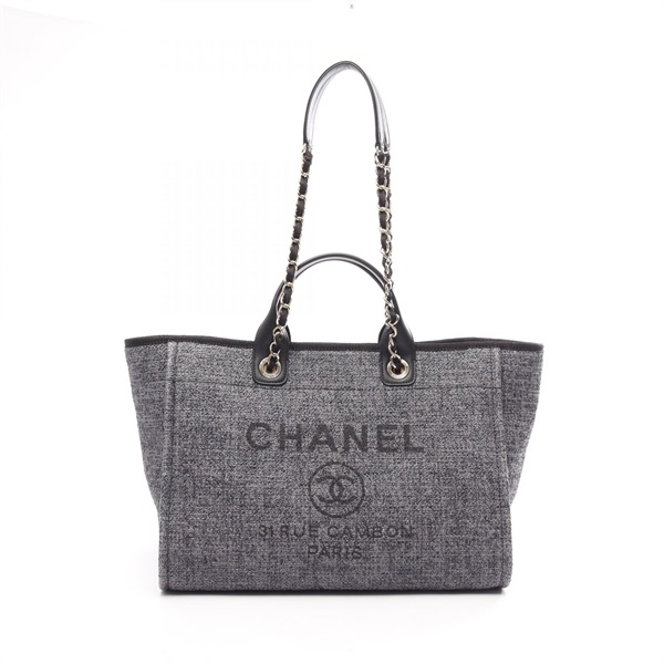 CHANEL Deauville Chain Sholder Tote Bag A66941 canvas leather Gray BK GHW Used