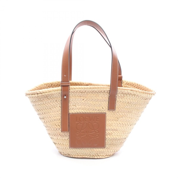 LOEWE Basket Medium Shoulder Handbag leather Raffia Beige Brown Used Women