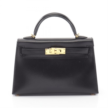HERMES Mini Kelly II Shoulder Handbag Box calf leather Calfskin Black GHW Used U