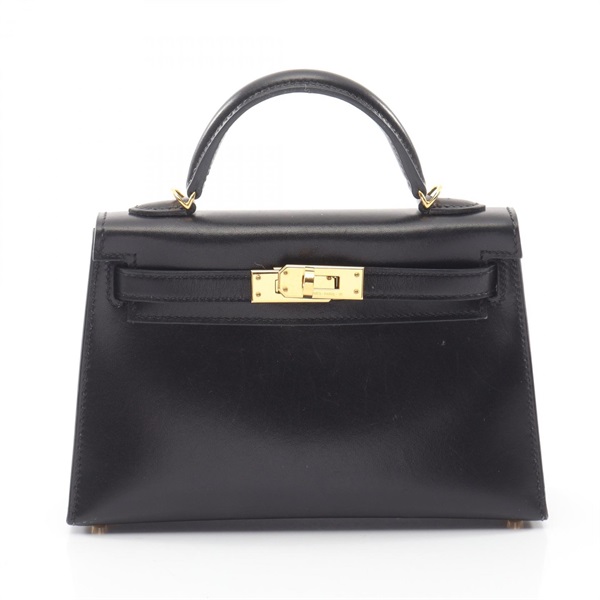 HERMES Mini Kelly II Shoulder Handbag Box calf leather Calfskin Black GHW Used U