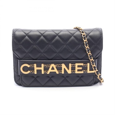 CHANEL Matelasse logo Chain Crossbody Shoulder Bag Lamb leather Black GHW Used