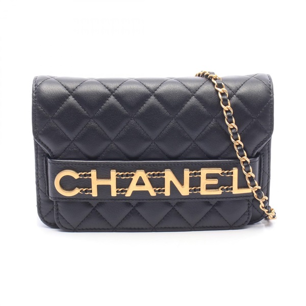 CHANEL Matelasse logo Chain Crossbody Shoulder Bag Lamb leather Black GHW Used