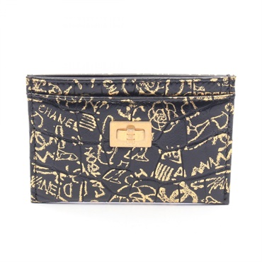 CHANEL 2.55 Graffiti Card Case Holder leather Black Gold GHW Used Women COCO CC