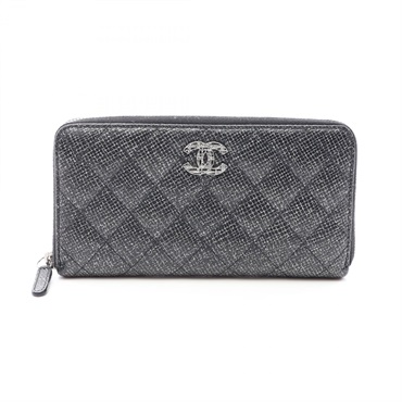 CHANEL Matelasse Glitter Around zip Long Wallet Purse Calf leather Black Used CC