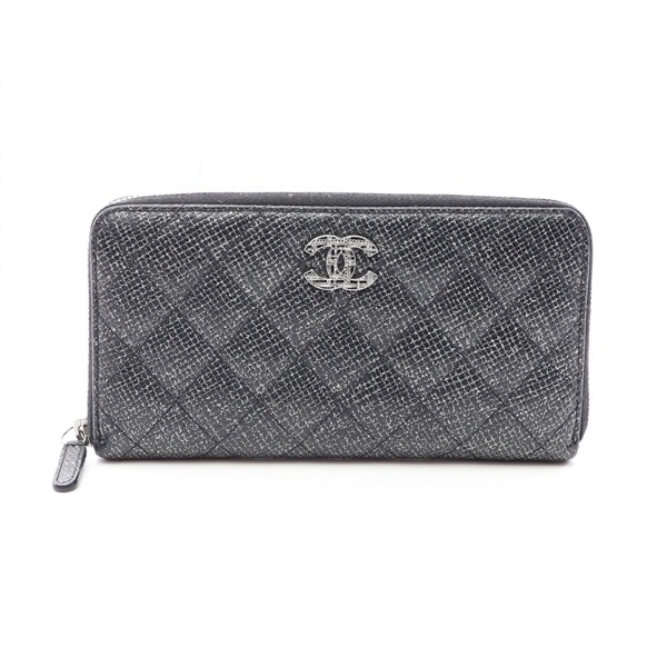 CHANEL Matelasse Glitter Around zip Long Wallet Purse Calf leather Black Used CC