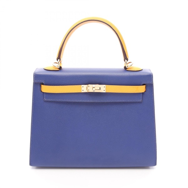 HERMES Kelly 25 shoulder Handbag A Epsom leather Blue electric Moutarde GHW