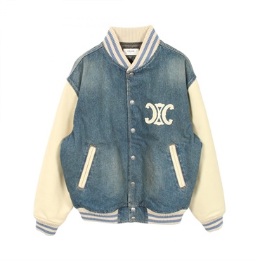 CELINE 25 SS Loose Triomphe Teddy Trail Wash Denim Jacket cotton leather #XS
