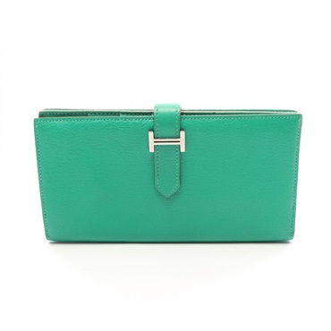 HERMES Bearn Soufflet Bifold purse wallet T Chevre leather Menthe Used Women SHW