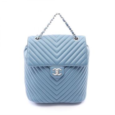 CHANEL Chevron V Stitch Rucksack Backpack Lamb leather Blue Used Women SHW CC