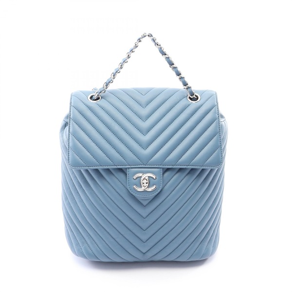 CHANEL Chevron V Stitch Rucksack Backpack Lamb leather Blue Used Women SHW CC