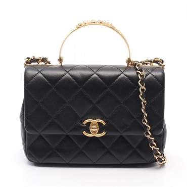 CHANEL Top Handle Matelasse Shoulder Bag AS4605 Lamb Leather Black Used GHW CC