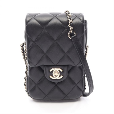 CHANEL Matelasse phone case chain crossbody Shoulder Bag leather Black Used GHW