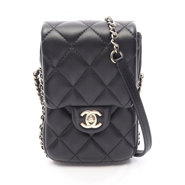 CHANEL Matelasse phone case chain crossbody Shoulder Bag leather Black Used GHW