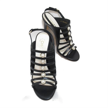 CHANEL Artificial pearl Sandals shoes G34381 leather Black Used Women 36 1/2