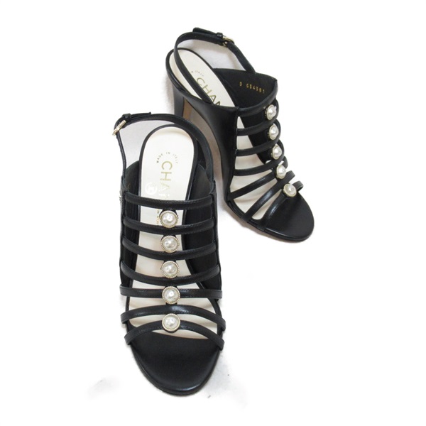 CHANEL Artificial pearl Sandals shoes G34381 leather Black Used Women 36 1/2