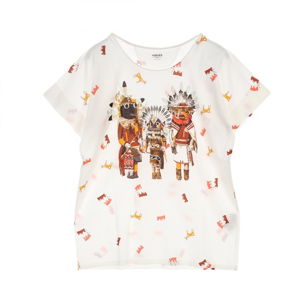 HERMES Kachinas T-shirt #38 short sleeves cotton White Multicolor Used Women