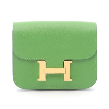 HERMES Constance Slim Verso wallet Evercolor leather Green Pink used GHW B