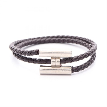 HERMES Tournis Tresse Bracelet Swift leather Stainless Steelleather Brown Used