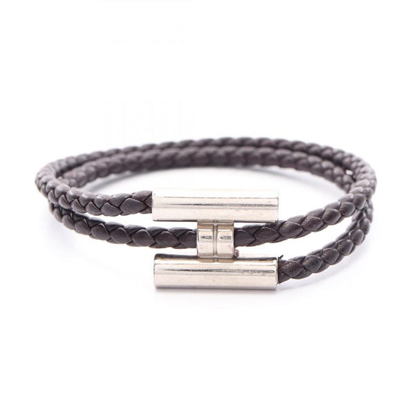 HERMES Tournis Tresse Bracelet Swift leather Stainless Steelleather Brown Used