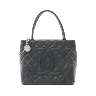 CHANEL Medallion tote hand Bag leather Calfskin leather Black Used Women SHW