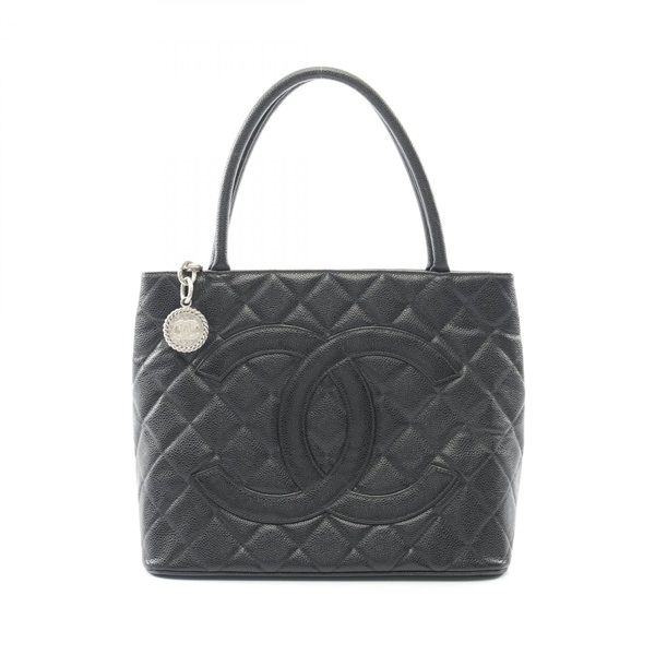 CHANEL Medallion tote hand Bag leather Calfskin leather Black Used Women SHW