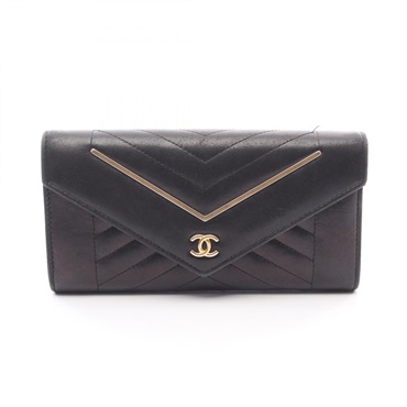CHANEL Chevron V Stitch Bifold long wallet purse Lamb leather Black GHW Used CC