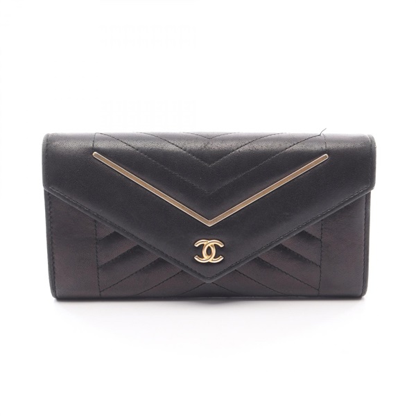 CHANEL Chevron V Stitch Bifold long wallet purse Lamb leather Black GHW Used CC