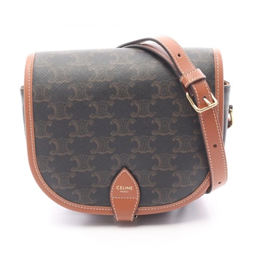 CELINE Folco Medium Triomphe Shoulder crossbody Bag canvas leather Brown Used