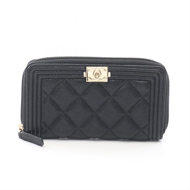 CHANEL Boy Chanel Zip ARound wallet A80566 leather Black Used Women GHW CC Coco