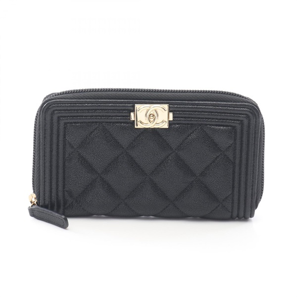 CHANEL Boy Chanel Zip ARound wallet A80566 leather Black Used Women GHW CC Coco