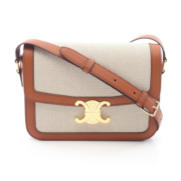 CELINE Classic Triomphe Crossbody Shoulder Bag canvas leather Beige Brown Used