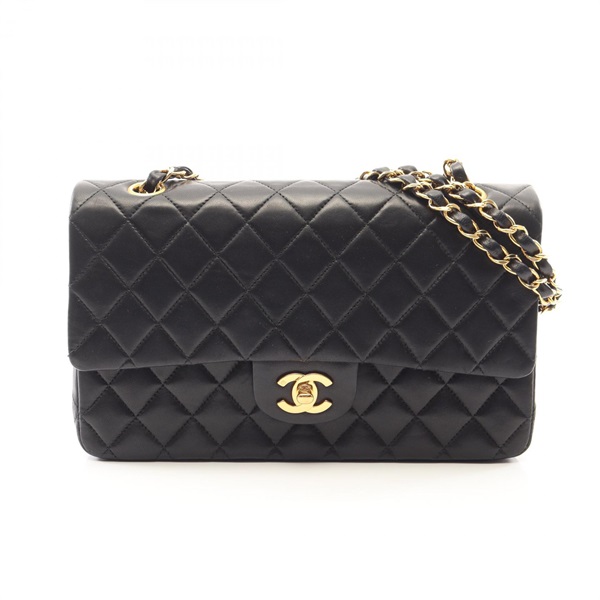 CHANEL Matelasse W flap chain Shoulder Bag Lambskin Black Used Women GHW