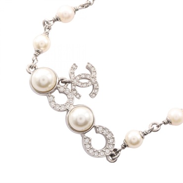 CHANEL COCO Necklace Stainless Steel Artificial pearl rhinestone Used CC Logo