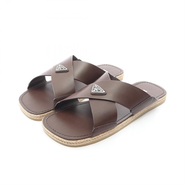 PRADA Triangle logo Crisscross Flat Sandals Shoes #7 leather Brown mens