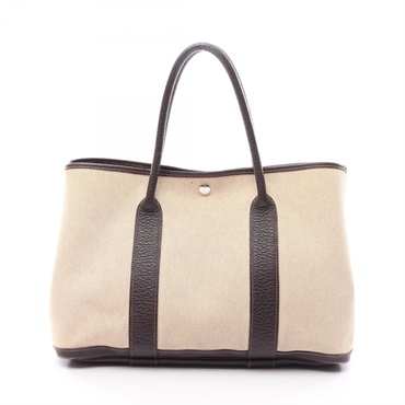 HERMES Garden Party PM Tote Bag Toile H canvas Buffle leather Beige Brown Used H
