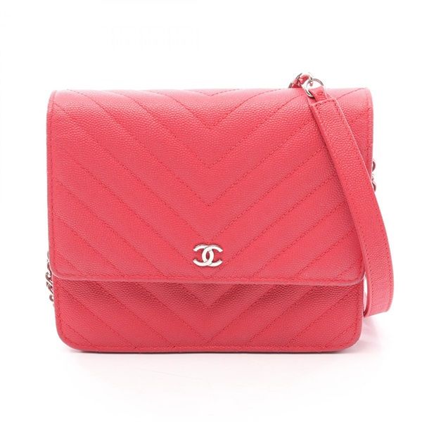 CHANEL Chevron V Stitch Chain Wallet Shoulder Bag Calfskin Red SHW Used Women