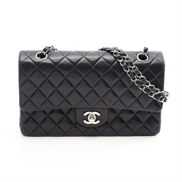 CHANEL Matelasse Double Flap Chain Shoulder Bag Lambskin Black GHW Used Women