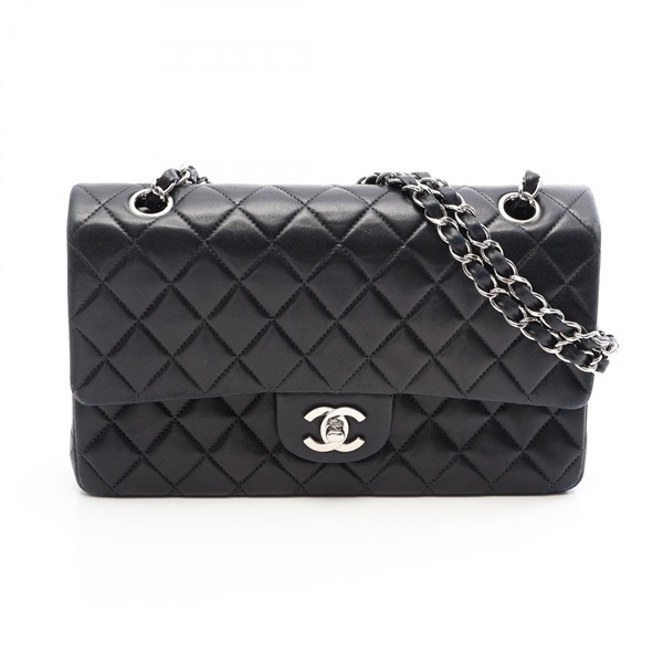 CHANEL Matelasse Double Flap Chain Shoulder Bag Lambskin Black GHW Used Women