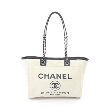 CHANEL Deauville Chain Shoulder Tote Bag A67001 leather straw White Navy Used CC