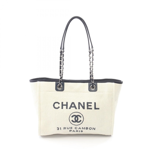 CHANEL Deauville Chain Shoulder Tote Bag A67001 leather straw White Navy Used CC