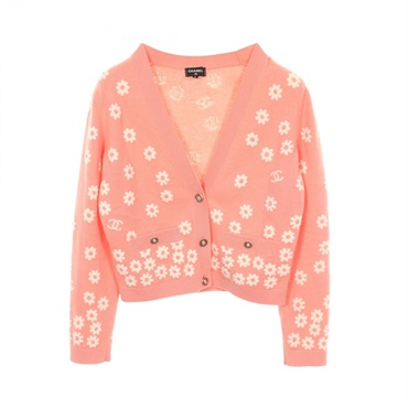 CHANEL COCO Mark Flower Lion Button Cardigan #36 P42451 cashmere Pink White Used