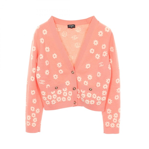CHANEL COCO Mark Flower Lion Button Cardigan #36 P42451 cashmere Pink White Used