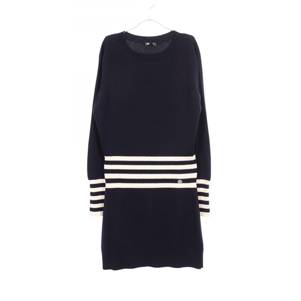 CHANEL COCO Mark Striped Long Sleeve Dress #38 P55370K07271 cashmere Navy Used