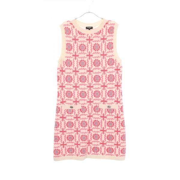 CHANEL Palm Button Sleeveless Dress #36 P55807K07285 cashmere Beige Pink Used CC