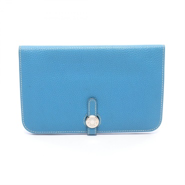 HERMES Dogon Duo GM Bifold Purse Wallet Clemence leather Blue jean SHW Used K