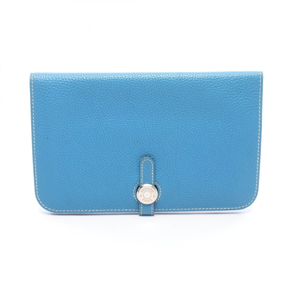 HERMES Dogon Duo GM Bifold Purse Wallet Clemence leather Blue jean SHW Used K