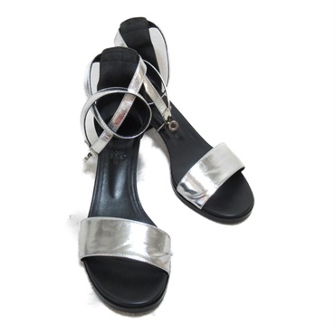 HERMES Sandals Shoes heel leather Synthetic leather Silver Black Used Women #38