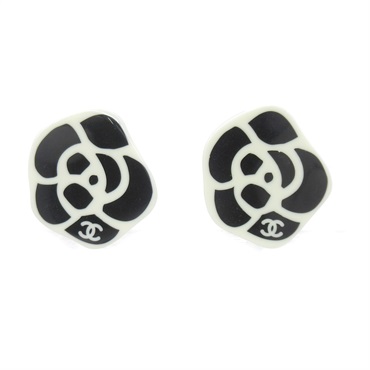 CHANEL Camellia Earring Gold Plated Black White Used CC Coco women