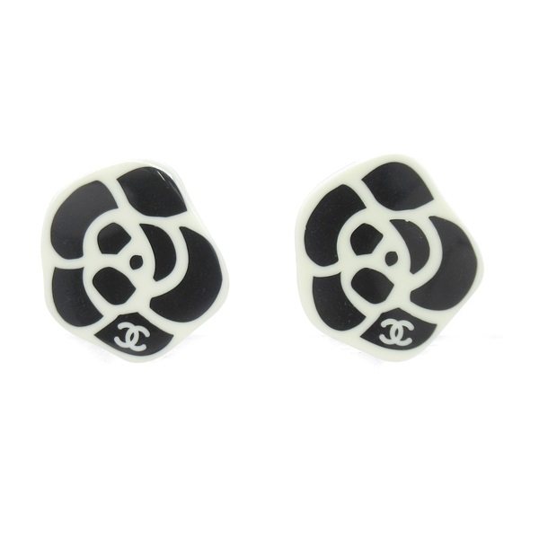 CHANEL Camellia Earring Gold Plated Black White Used CC Coco women