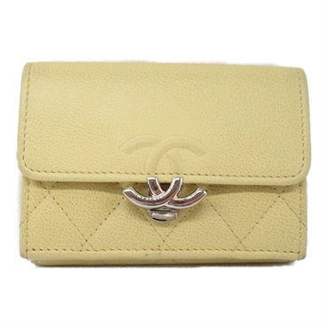 CHANEL Three-fold wallet AP1173 Caviar leather matelasse Yellow Used Women SHW